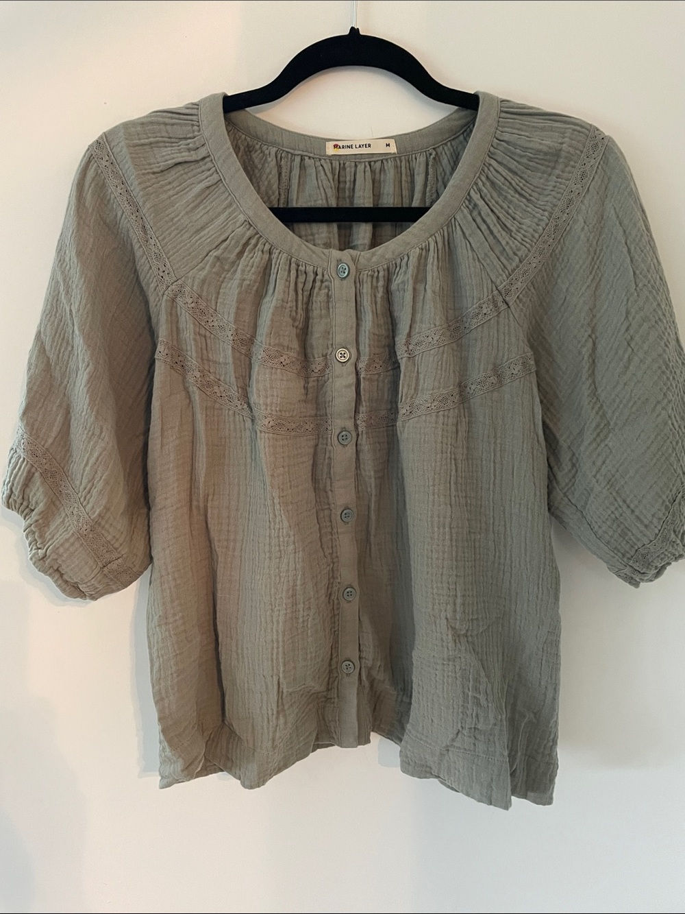 Marine Layer Women's Button-Front Textured Blouse in Sage Green